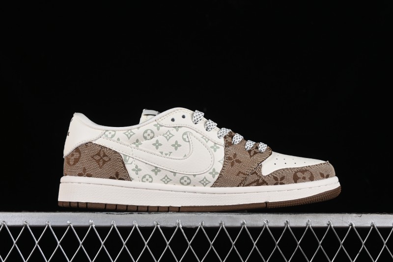 Nike Travis Scott x Fragment Design x Jordan Air Jordan 1 Low OG SP AJ1 LV Light Brown Print Casual Sneakers - SJ2068-102