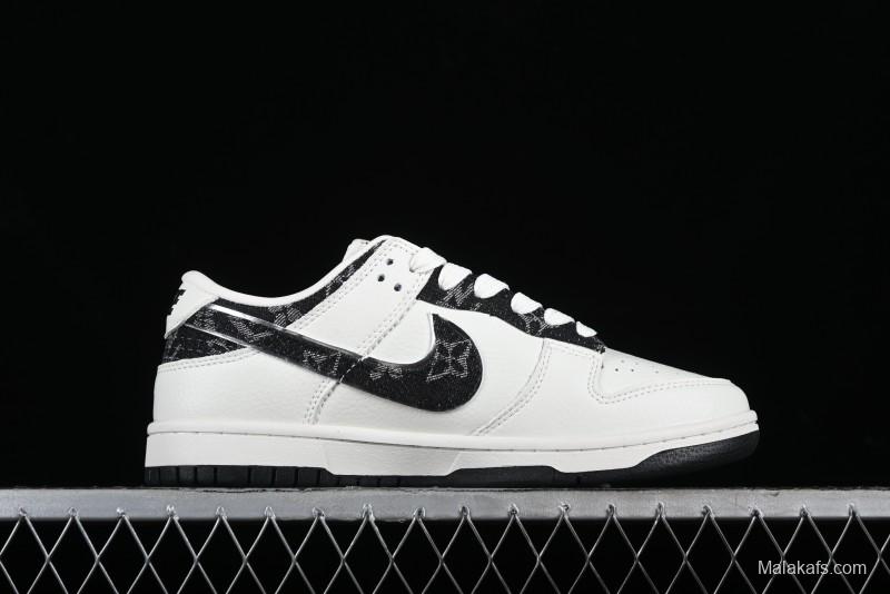 Nike SB Dunk Low LV Collaboration - Beige Black Denim Floral Anniversary High-End Custom Low-Top Casual Skate Shoes - XB3802-358
