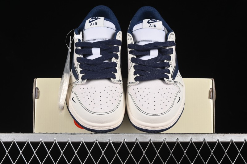 Nike Travis Scott x Fragment Design x Air Jordan 1 Low OG SP AJ1 Supreme Collaboration - Dark Blue Swoosh Low-Top Casual Sneakers - XZ2268-001