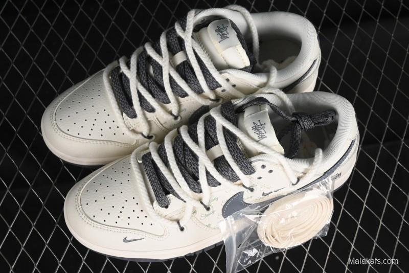 Stussy x Nike Dunk Low SB Sneakers in Off-White and Gray with Stussy S Titanium Accessory - SJ2068-275