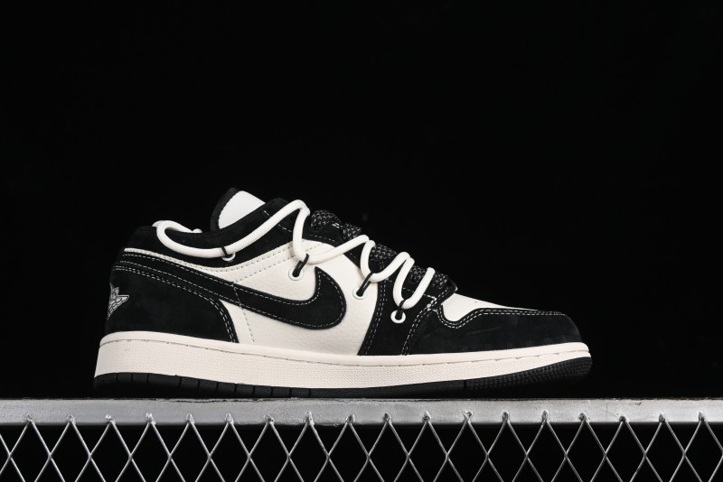 Nike Air Jordan 1 Low AJ1 x Violent Bear Collaboration - Black Beige Mark Line Custom Retro Basketball Shoes - SJ9950-013
