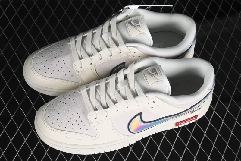 Nike SB Dunk Low Supreme x Stussy Triple Collaboration - Beige Silver Swoosh Anniversary Custom Low-Top Casual Skate Shoes - KK1333-005