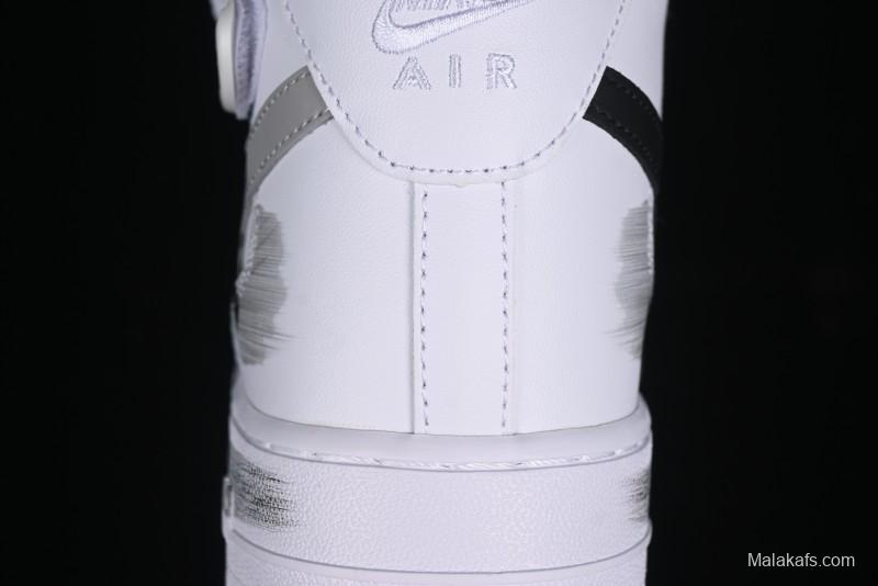 Nike Air Force 1 '07 Mid Casual Sneakers in White/Grey/Black with Hand-Painted Cracked Swoosh Shadow Detail - CW2289-111
