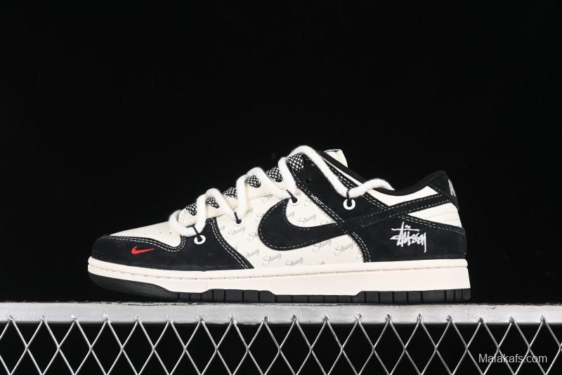 Nike SB Dunk Low Stussy Collaboration - White Embroidery Black Swoosh Anniversary Custom Low-Top Casual Sneakers - SJ2068-311