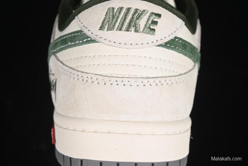 Nike SB Dunk Low Supreme x Stussy Triple Collaboration - Off White Green Swoosh Anniversary Custom Low-Top Casual Sneakers - SJ2068-303