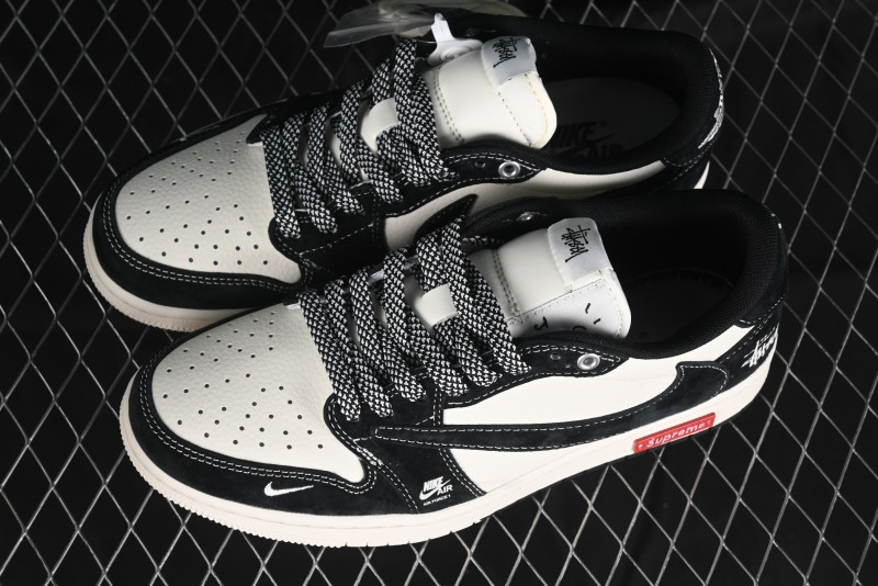 Nike Travis Scott x Fragment Design x Air Jordan 1 Low OG SP AJ1 Supreme Stussy Collaboration - Red Tab Black Warrior Low Top Casual Sneakers - SJ2068-124