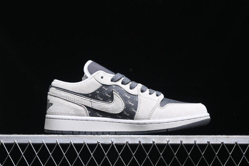 Nike Air Jordan 1 Low Stussy Collaboration - Grey Pigskin Black Base Retro Basketball Shoes - XX3318-968