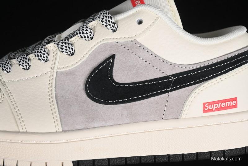 Nike Air Jordan 1 Low Supreme Collaboration - Dual-Tone Black Swoosh Custom Retro Basketball Shoes - SJ9950-043