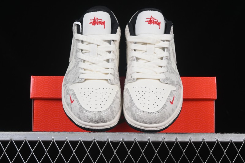 Nike Air Jordan 1 Low Retro Basketball Shoes - Stussy Grey Snake Custom - FC1688-200