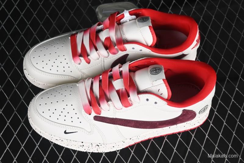 Nike Travis Scott x Fragment Design x Air Jordan 1 Low OG SP AJ1 Stone Island Collaboration Pomegranate Red Low-Top Casual Sneakers - CF3688-077