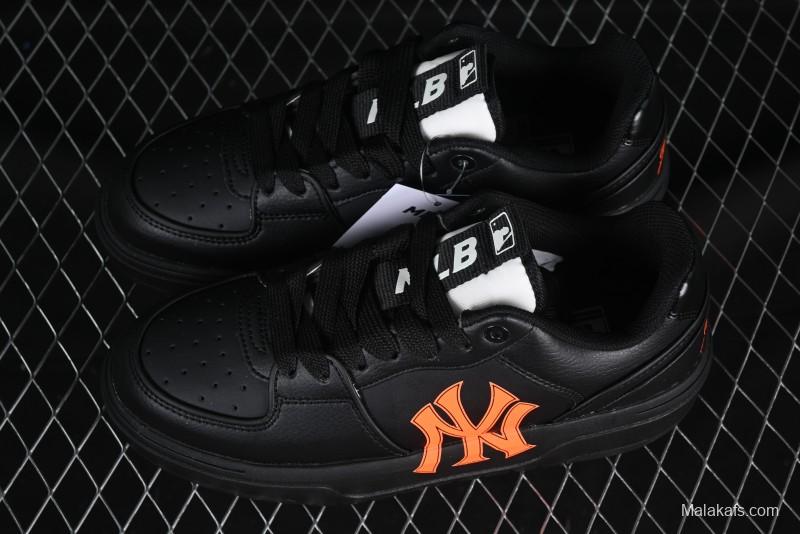 NY Yankees Black Leather Sneakers with Bold Orange Logo