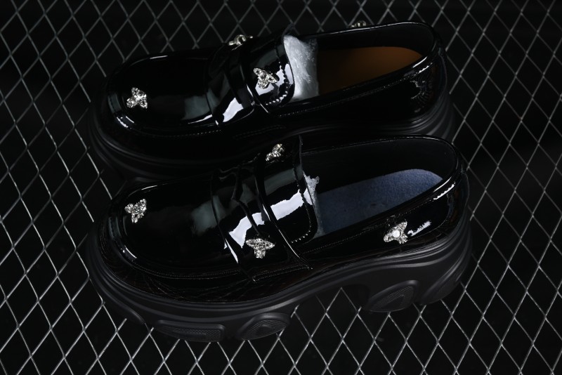 Black Patent Chunky Platform Loafers with Metal Embellishments