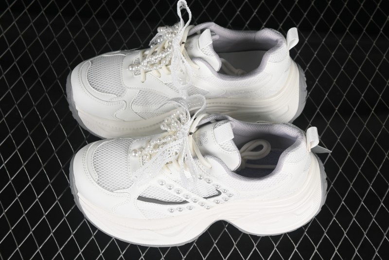 GG-CC Lace Pearl Chain Casual Platform Dad Shoes - 250310 White