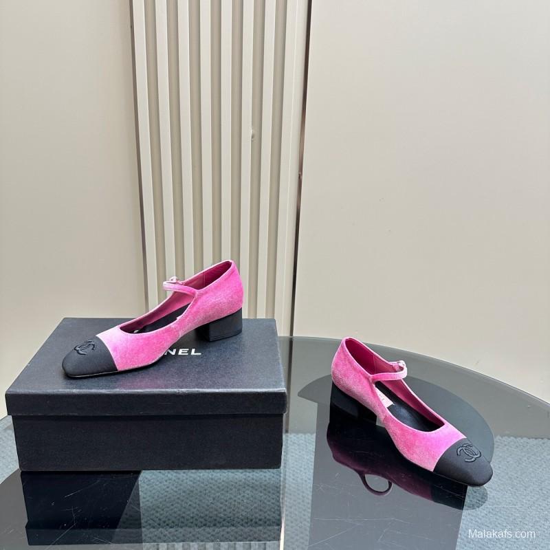 2025 Women Chanel Pink Black Velvet Mary Jane Shoes