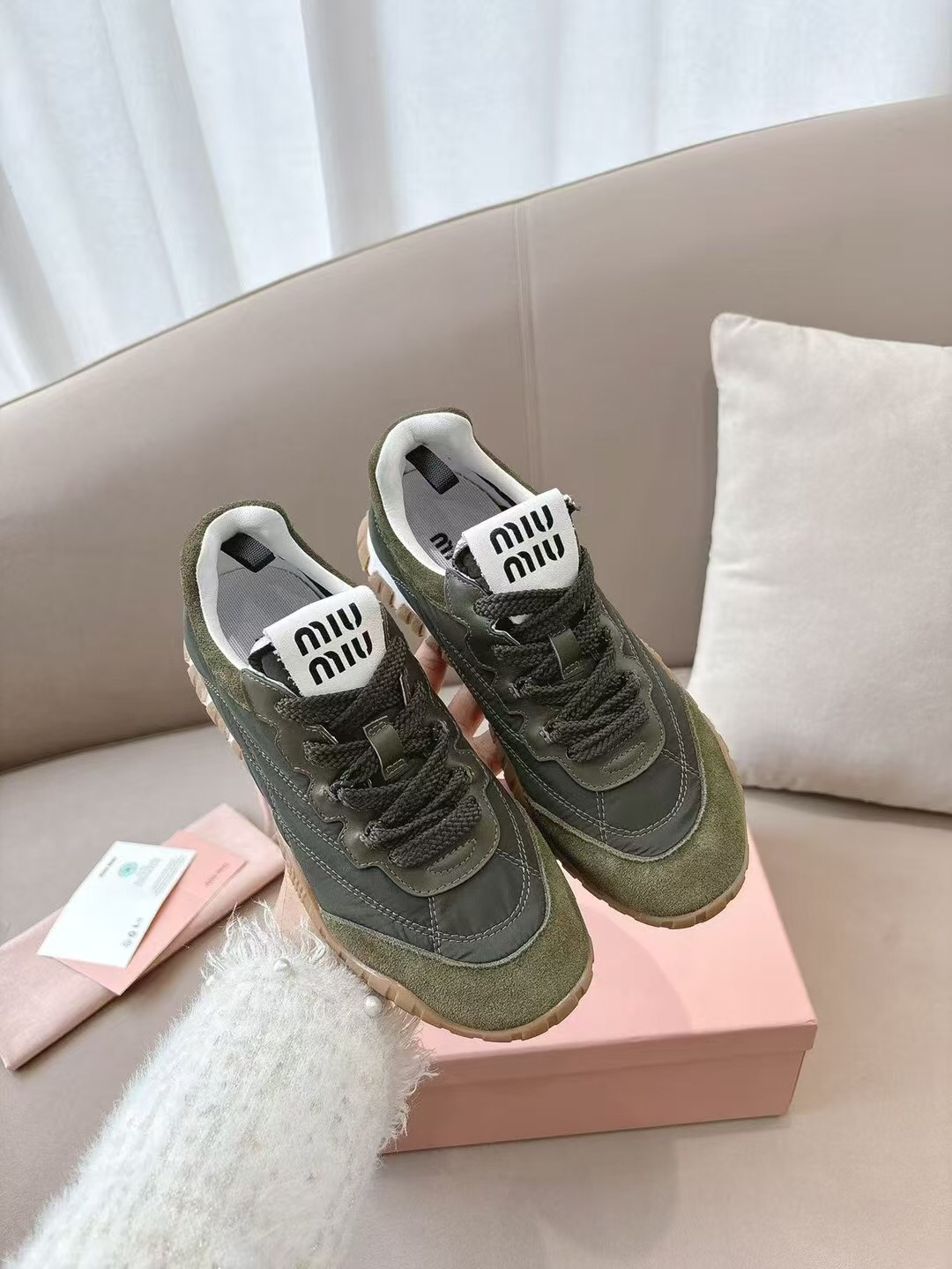 2025 Women Miu Miu Olive Green Suede Leather Sneakers KFY00280