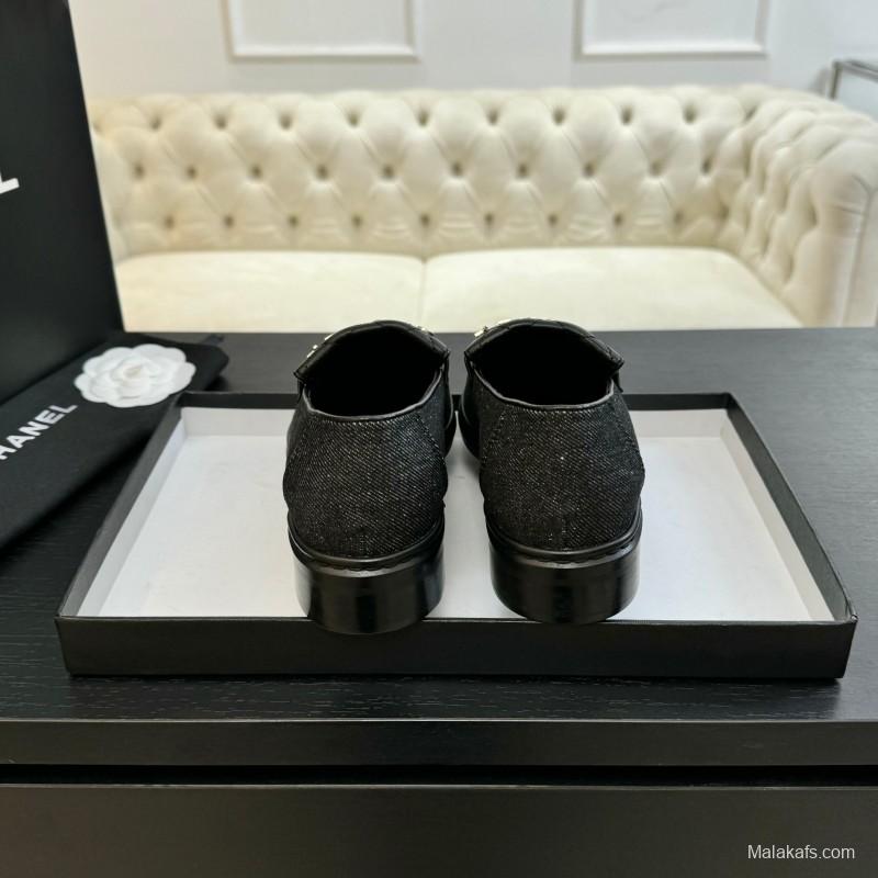 2025 Women Chanel Black Leather Canvas Loafers KFY00310
