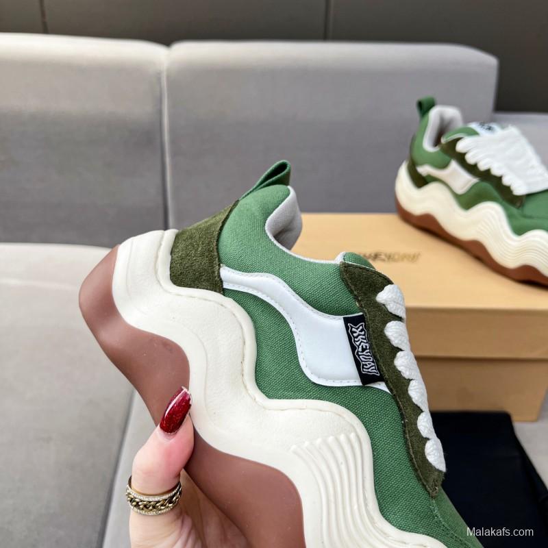 2025 Unisex HEYDAY Green White Canvas Leather Wave Sneakers KFY00260
