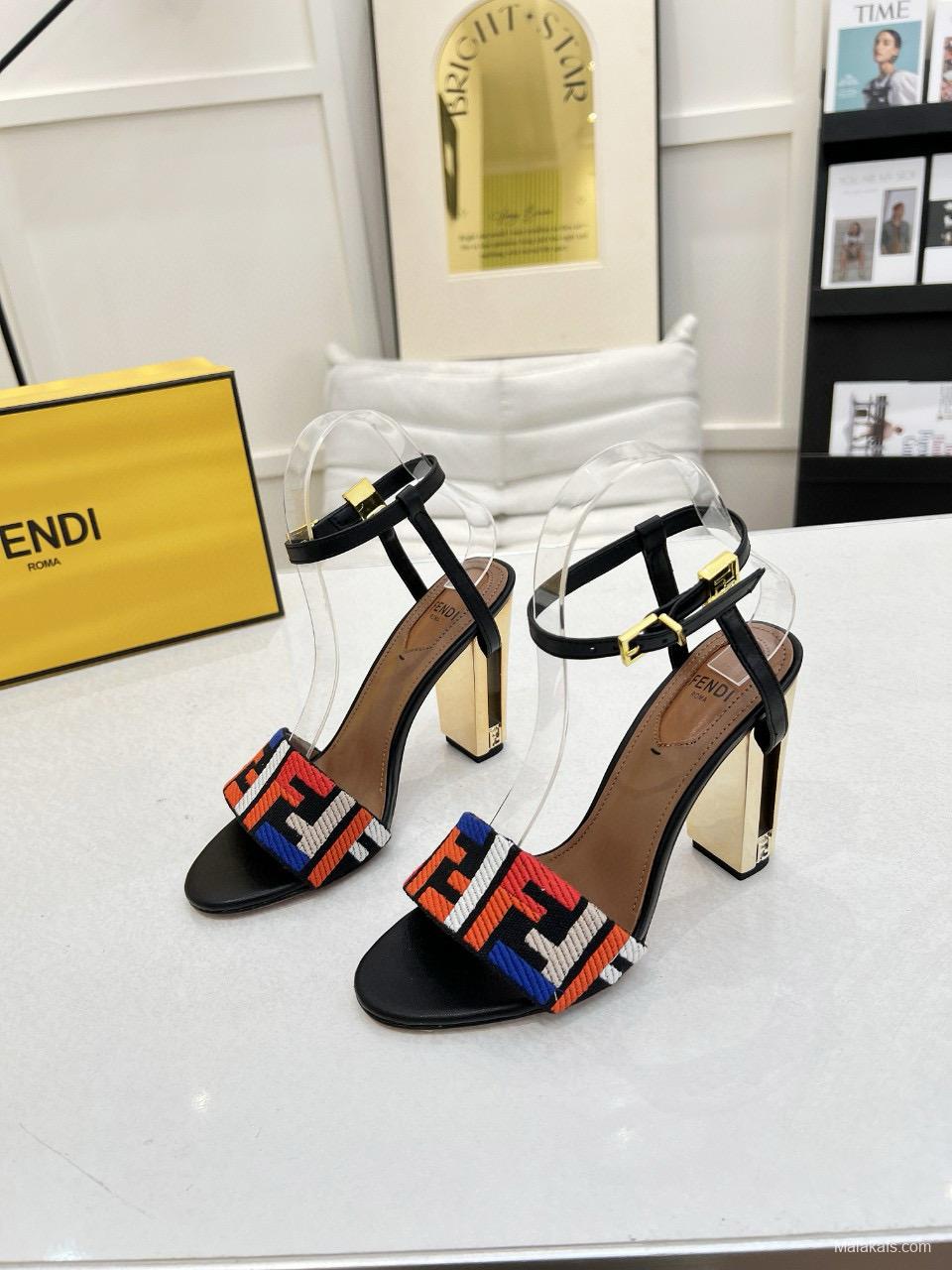 2025 Women Fendi Black Multicolor Leather Suede Sandals MJ00280