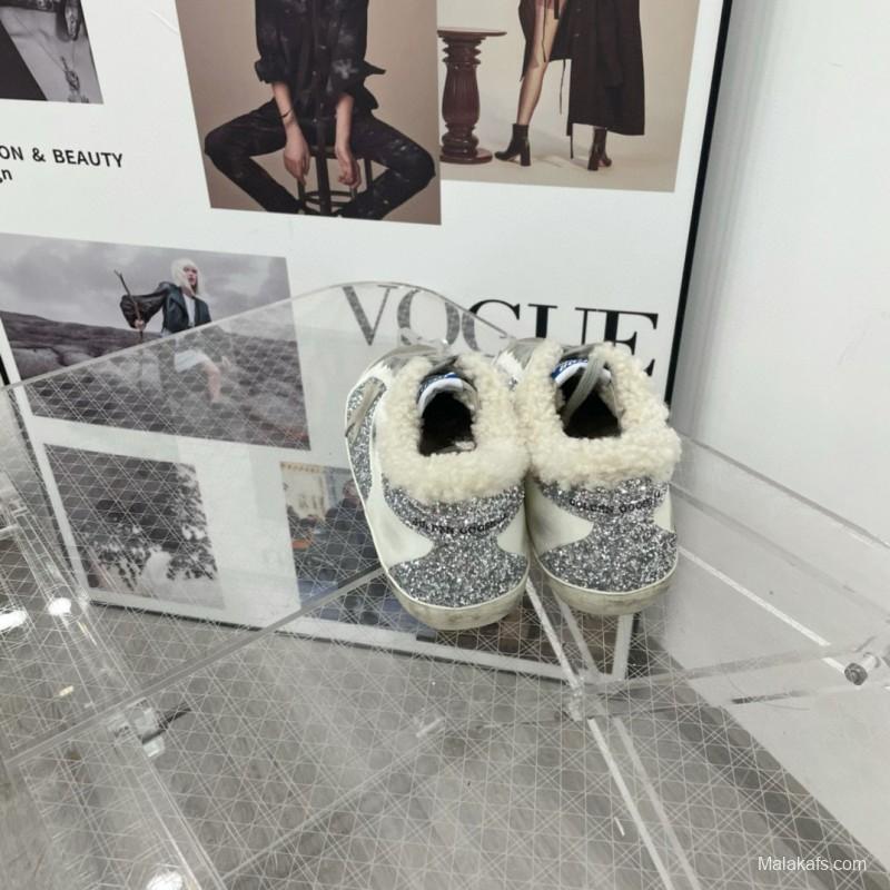 2025 Women GGDB White Silver Suede Leather Glitter Star Sneakers