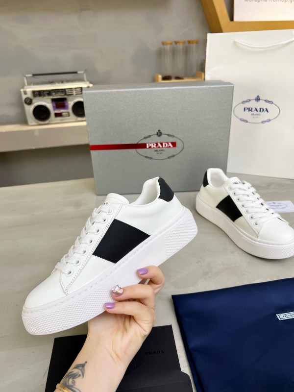 2024 Unisex Prada White Black Silk Calfskin Leather Sneakers MJ00310