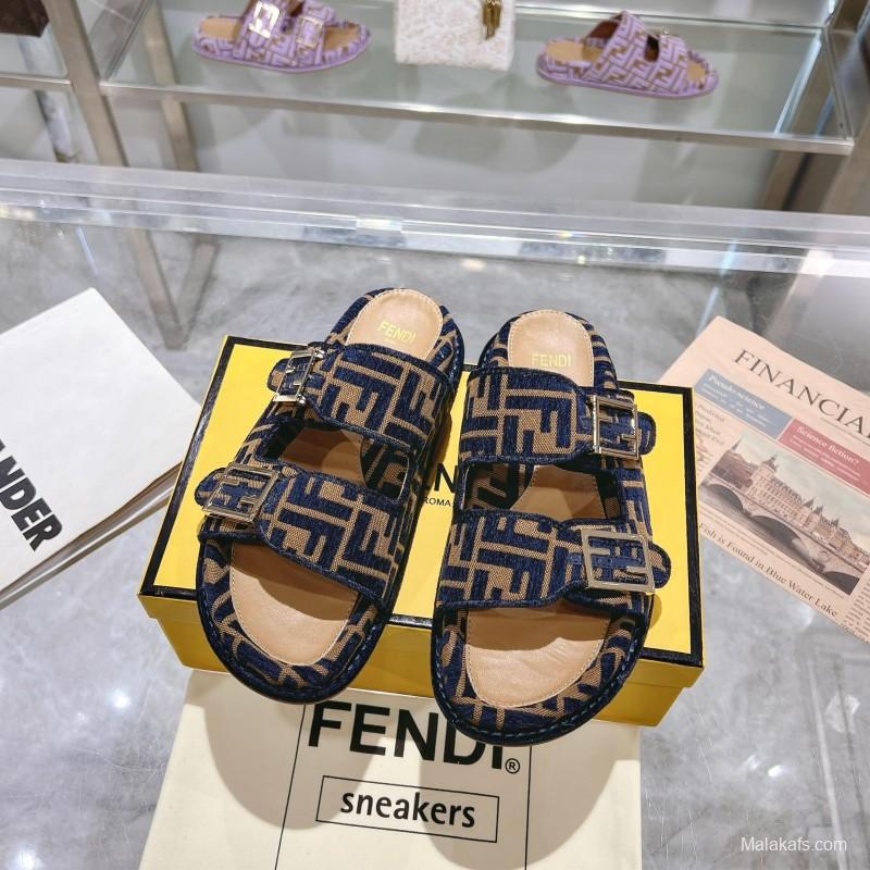 2025 Slippers Fendi Blue Brown Jacquard Buckle KFY00250