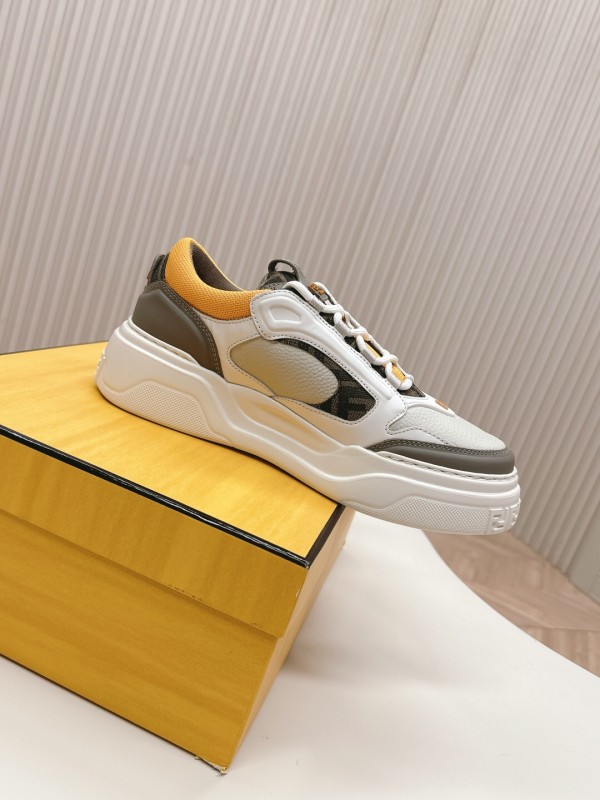2025 Women Fendi White Grey Yellow Leather Mesh Sneakers