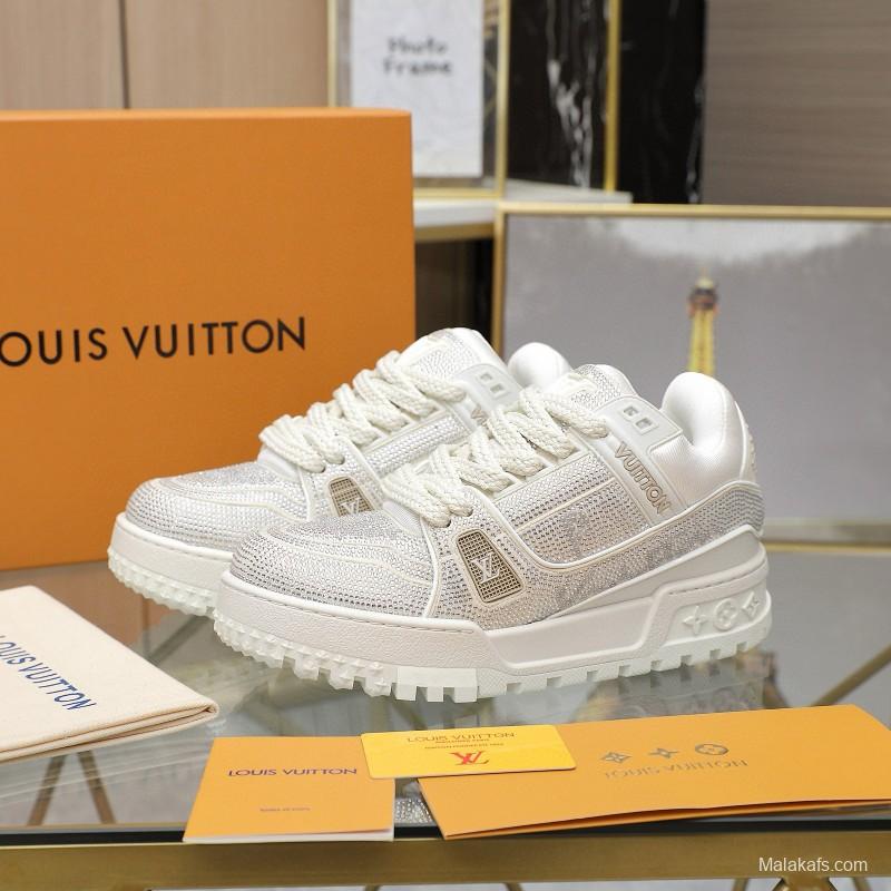 2024 Unisex Louis Vuitton White Crystal Trainer Leather Plimsolls High Temperature Pressing MJ00430