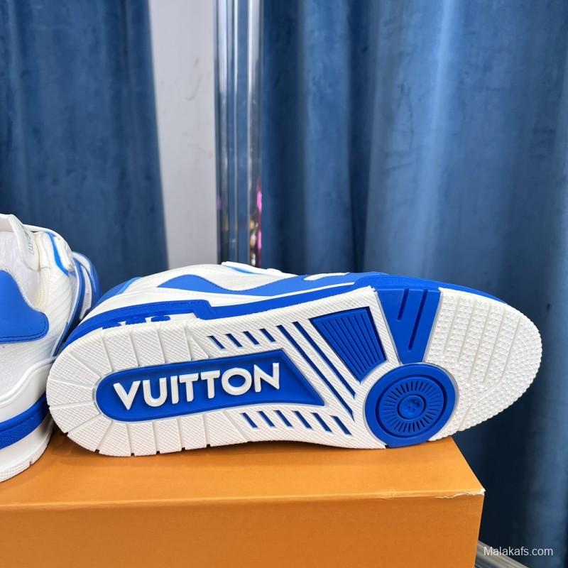 2025 Men Louis Vuitton White Blue Leather Trainer