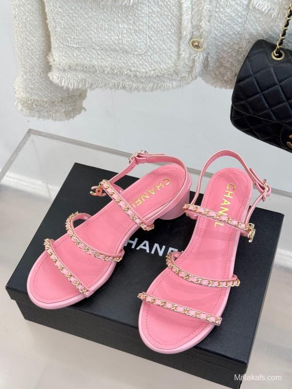 2025 Women Chanel Pink Leather Chain Strap Sandals