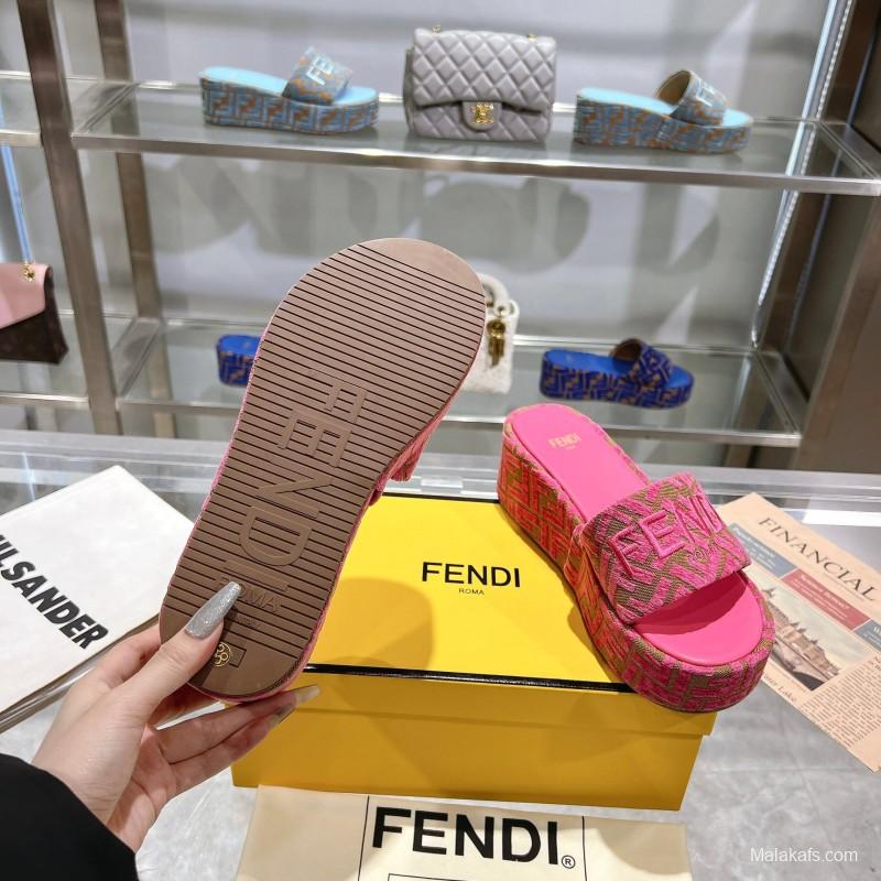 2025 Women Fendi Pink Canvas Slippers FF Jacquard KFY00240