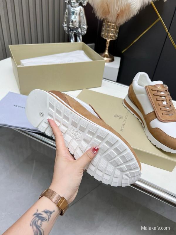 2024 Unisex Brunello Cucinelli White Brown Suede Leather Sneakers MJ00360
