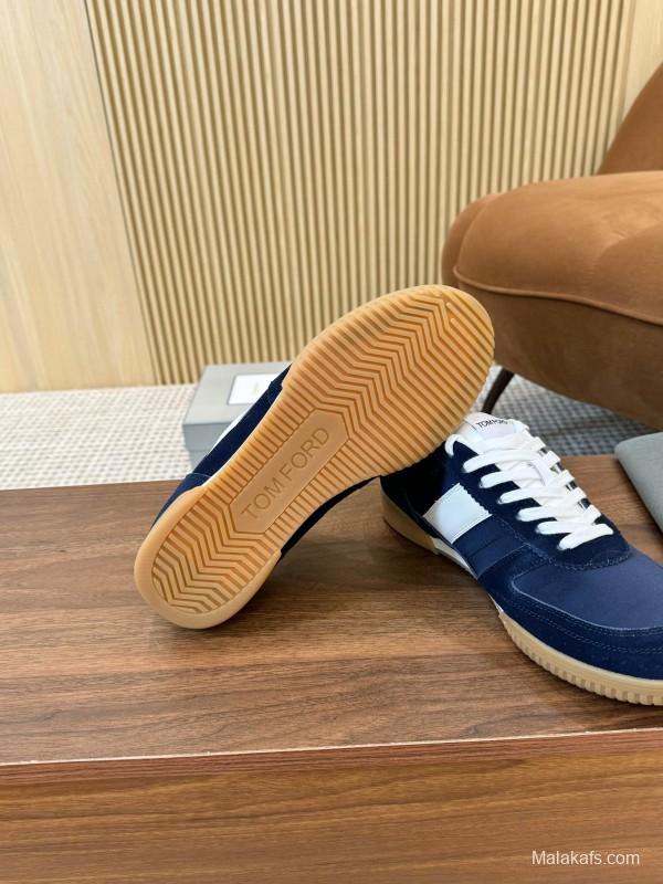 2025 Men TOM FORD Navy White Suede Leather Sneakers LY00360