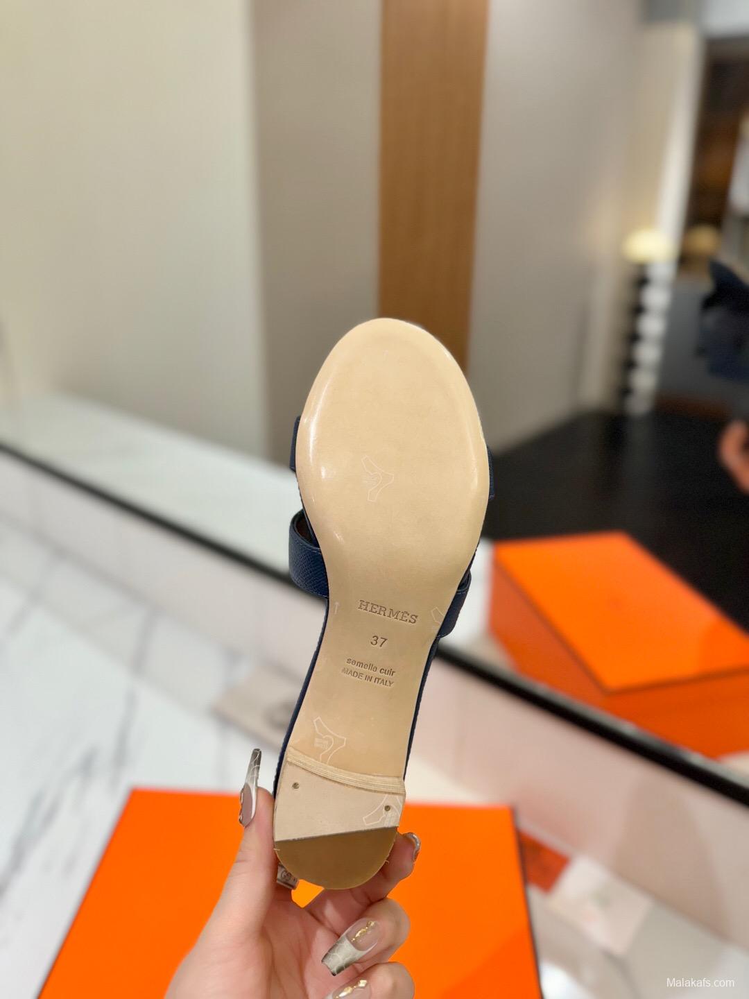 2025 Women Hermès Navy Leather Heeled Sandals