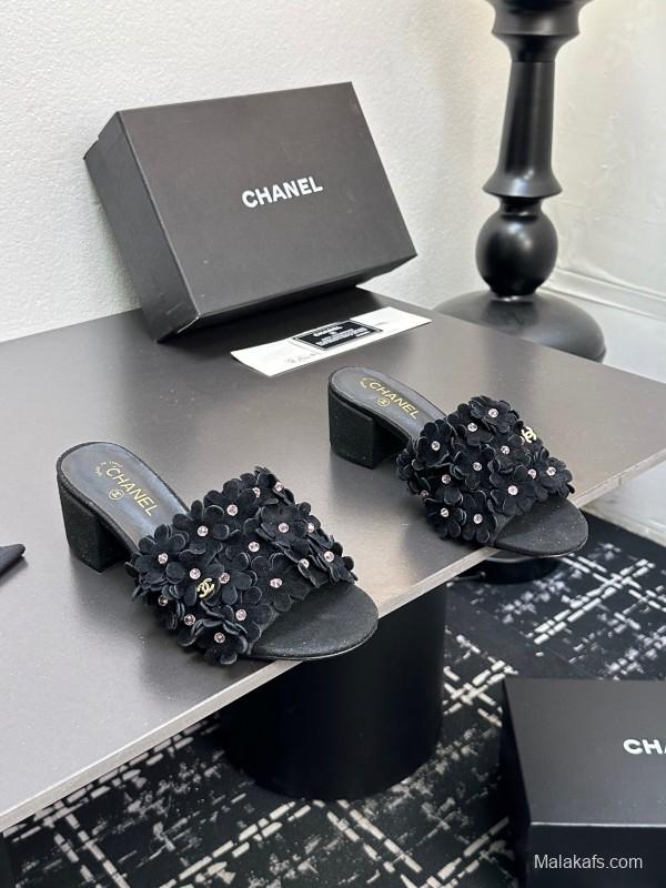 2025 Women Chanel Black Suede Heeled Slippers