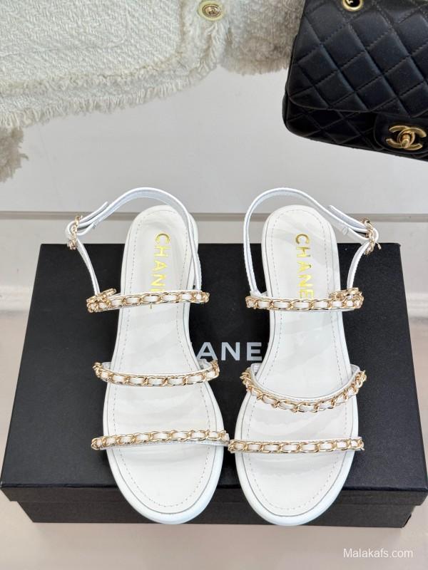 2025 Women Chanel White Leather Chain Strap Sandals