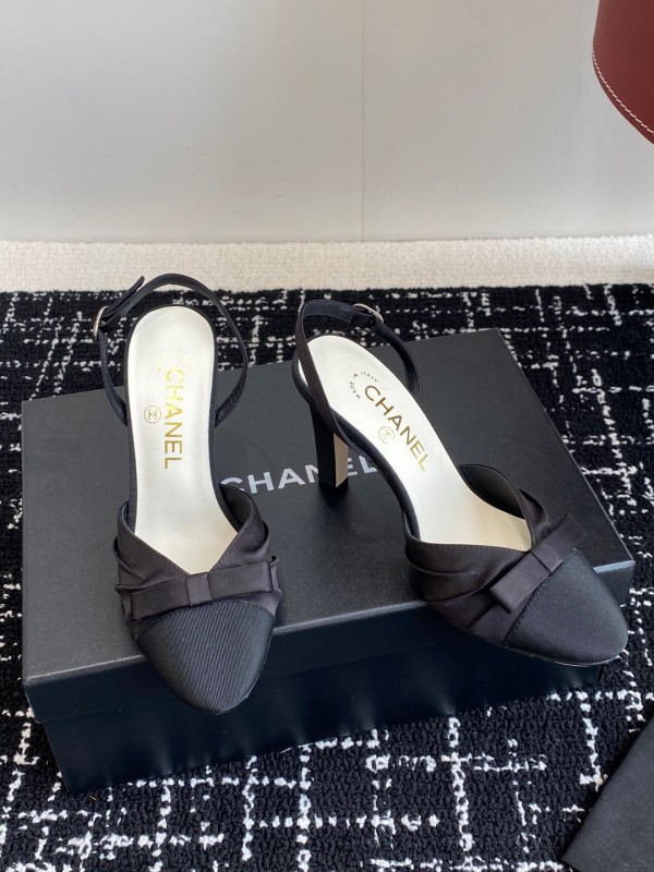 2025 Women Chanel Black Satin Leather High Heels Bow Slingback KFY00289