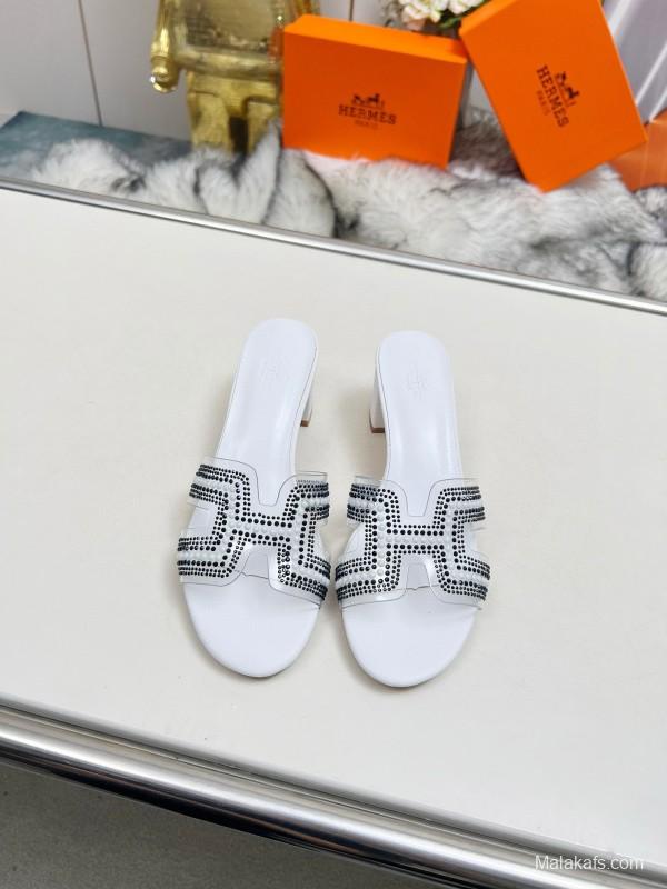 2025 Slippers Hermès White Leather Crystal MJ00180