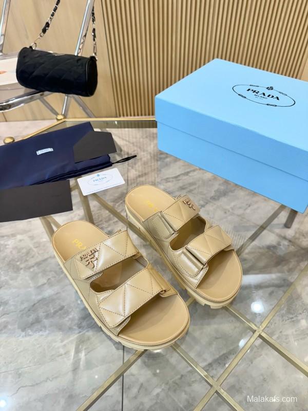 2025 Women Prada Beige Leather Sandals LY00270