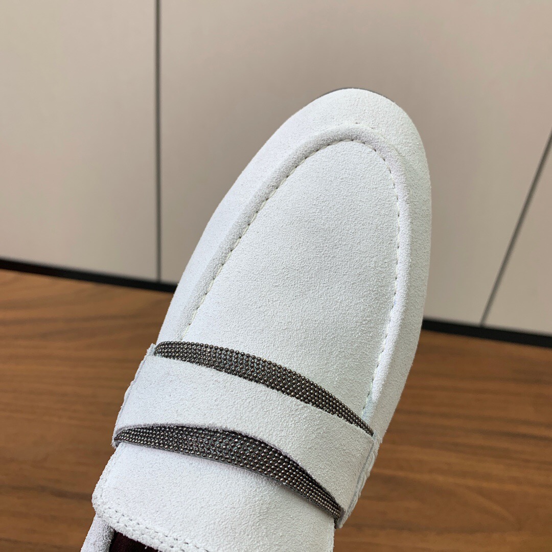 2025 Women Brunello Cucinelli White Suede Loafers Handcrafted Bead Chain Detail LY00360 (F)