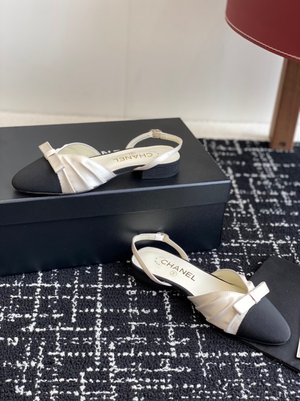 2025 Women Chanel Black Beige Silk Leather Sandals Bow KFY00289
