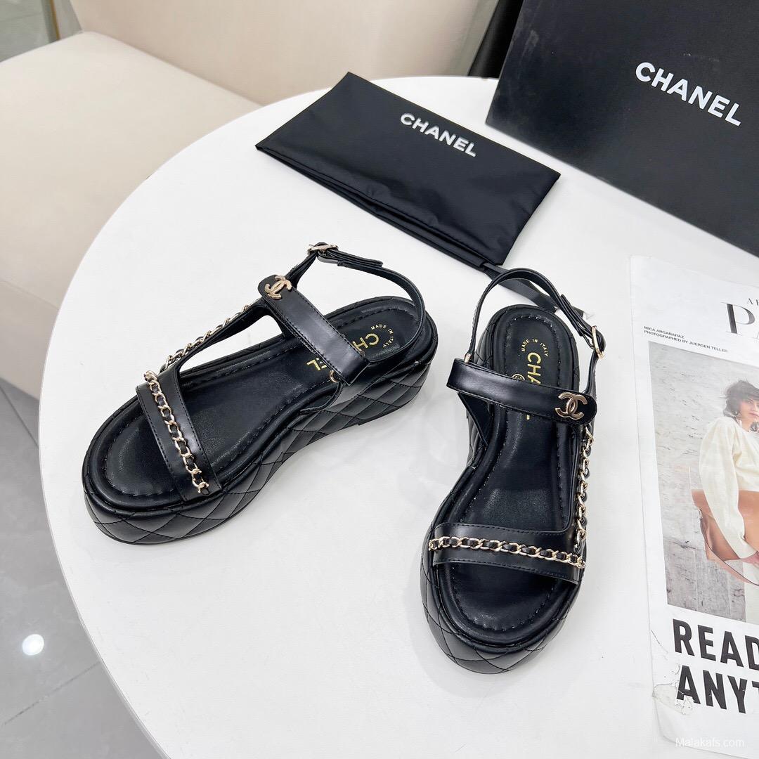 2025 Women Chanel Black Leather Sandals Chain LY00260
