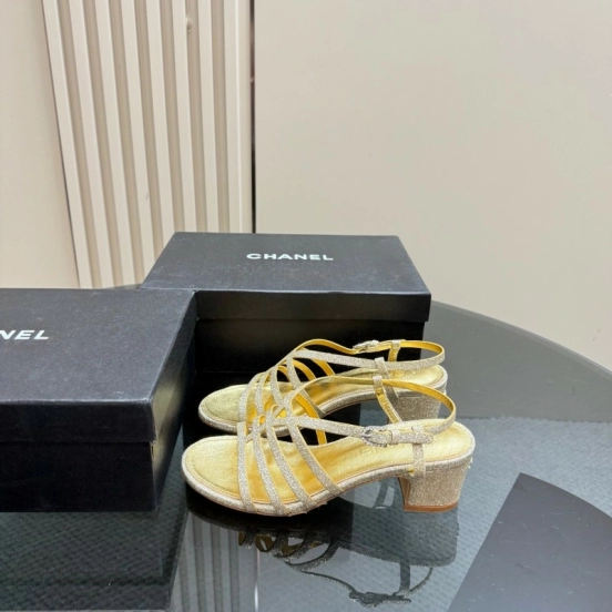 2025 Women Chanel Gold Leather Sandals KFY00290