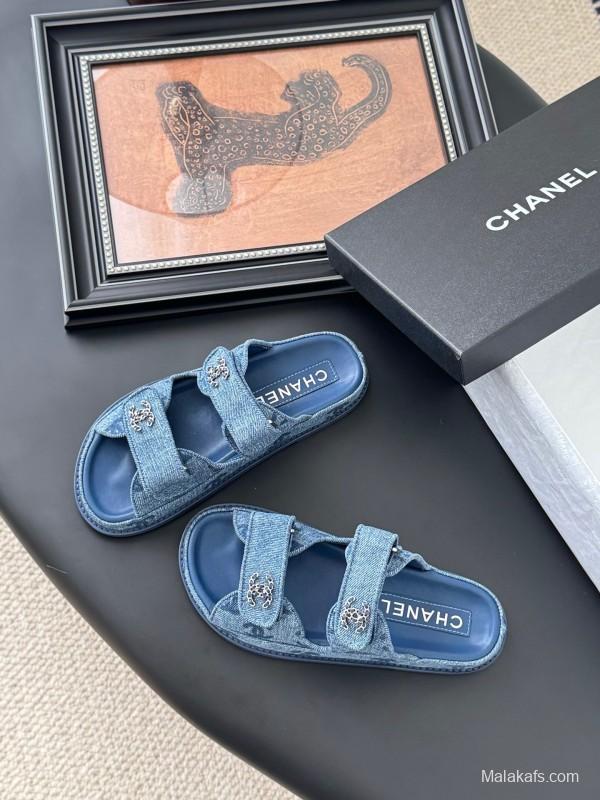 2025 Women Chanel Blue Denim Leather Slippers LY00310