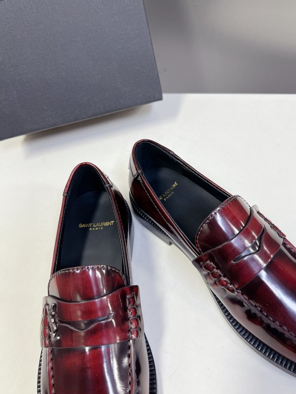 2025 Women Yves Saint Laurent Burgundy Calf Leather Loafers KFY00350