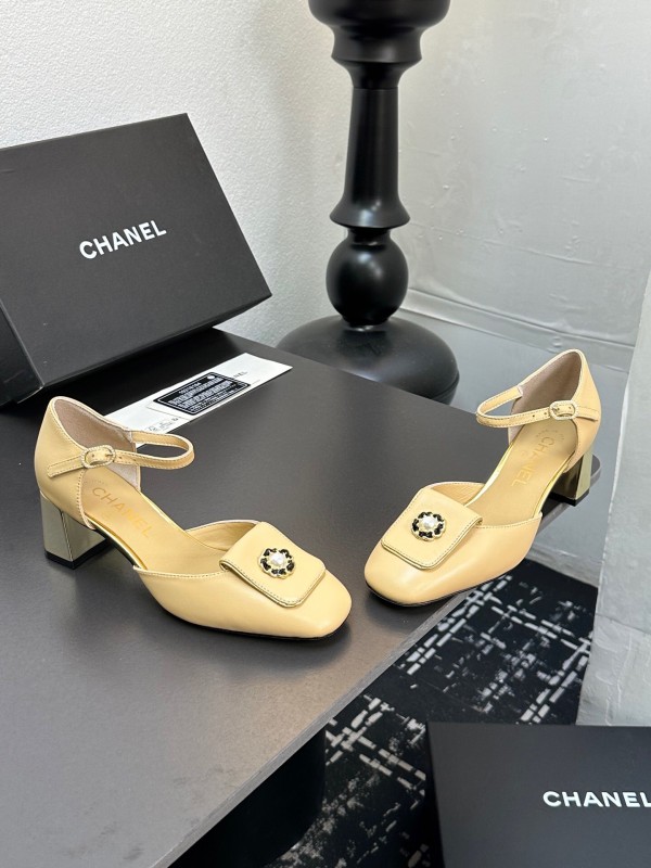 2025 Women CHANEL Beige Lambskin Mid Heel Ankle Strap Square Toe Pumps