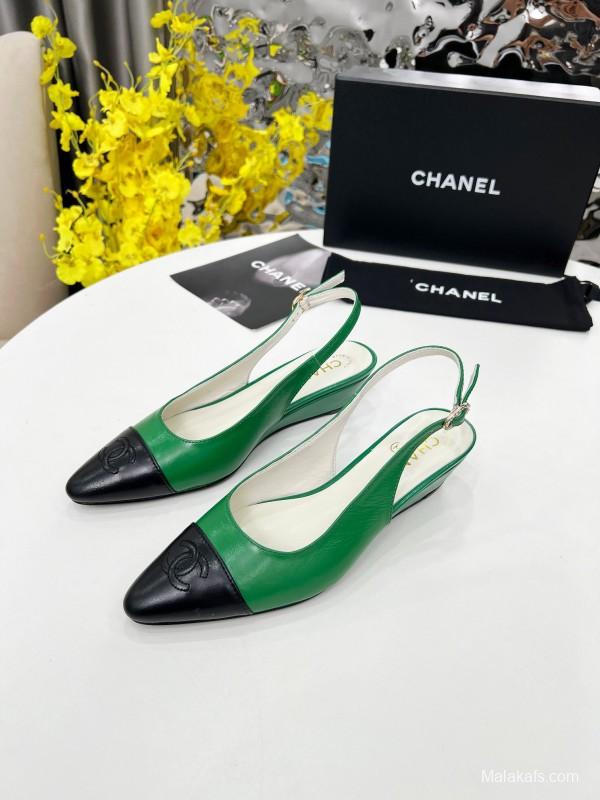 2025 Women Chanel Green Black Leather Slingback Flats