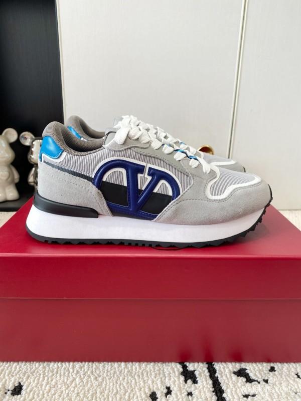 2025 Unisex Valentino Grey Blue White Leather Silk Glossy Running Sneakers LY00340