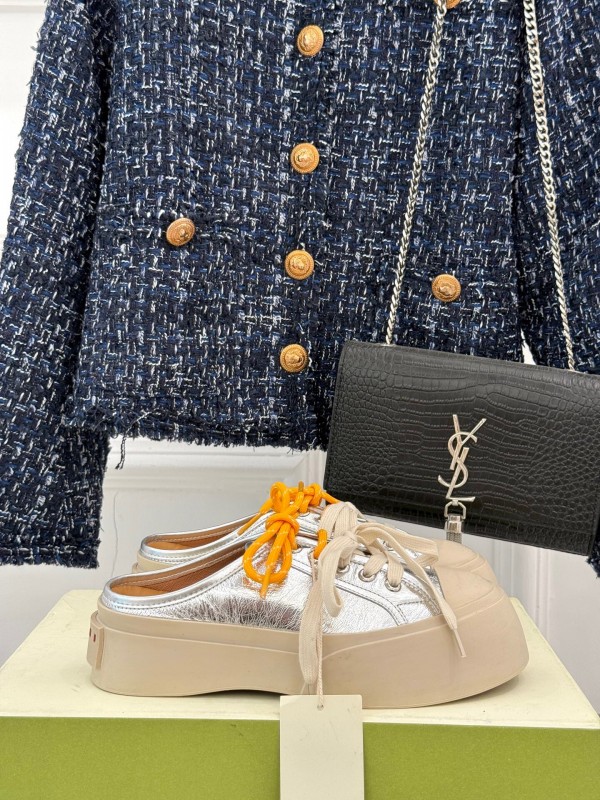 2025 Women Yves Saint Laurent Silver Leather Platform Sneakers With Orange And Beige Laces YSL123(F)