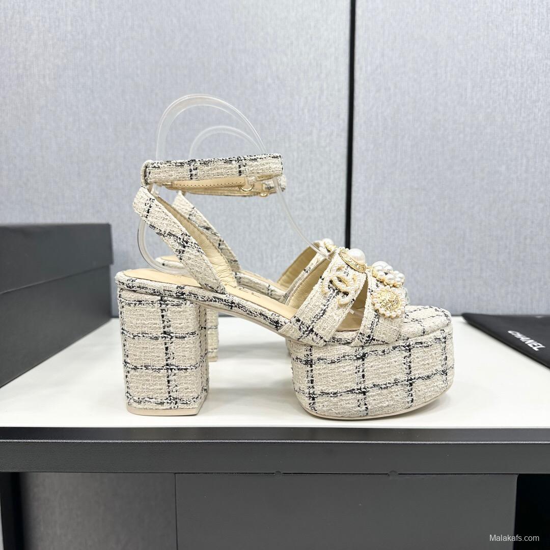 2025 Women Chanel Beige Black Tweed Platform Sandal KFY00310
