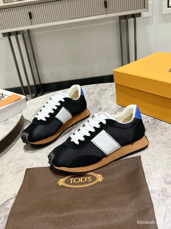 2025 Women TOD'S Black White Nylon Calfskin Sneakers